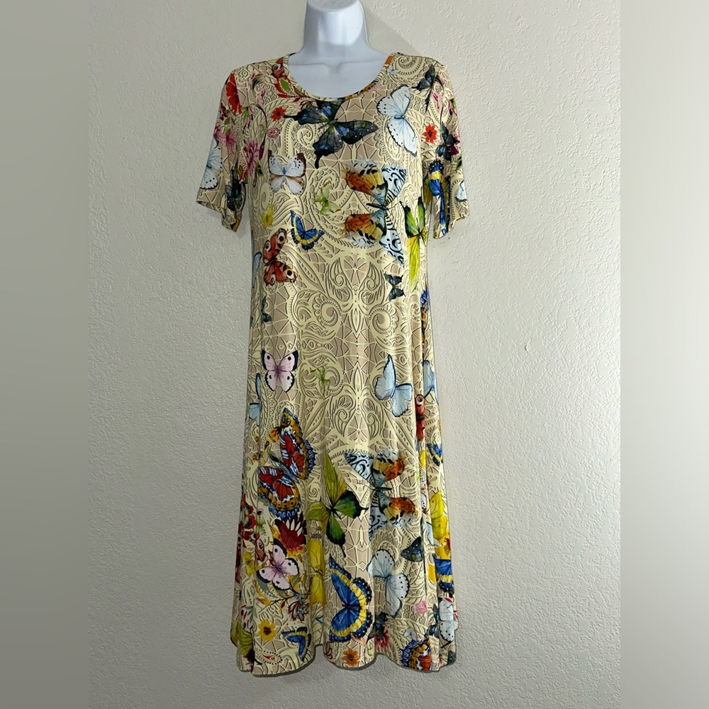Johnny Was Beige Butterfly Print Midi Dress
